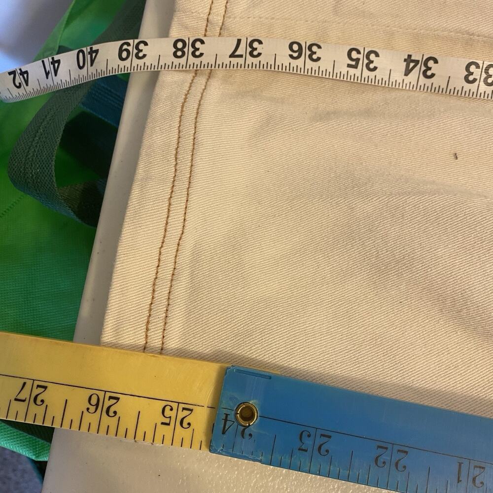 Women L Ivory Denim Cargo Pants WideLeg ElasticWaist Pockets Corpcore Steampunk - Picture 5 of 9